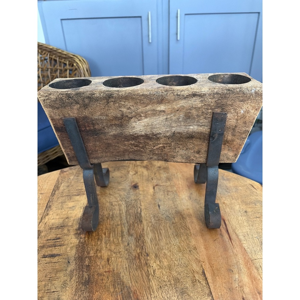 Rustic Wood Sugar Mold 4 Hole Candle Holder Wrought Iron Scrolled Stand Brown